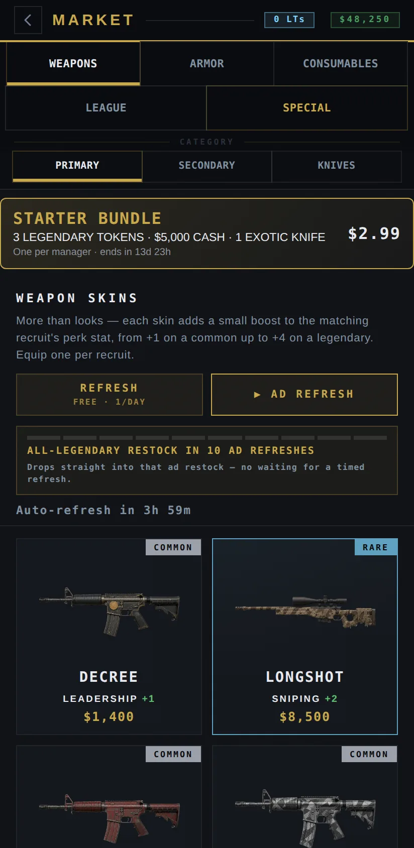 The market: weapon skins with rarity tiers and stat boosts
