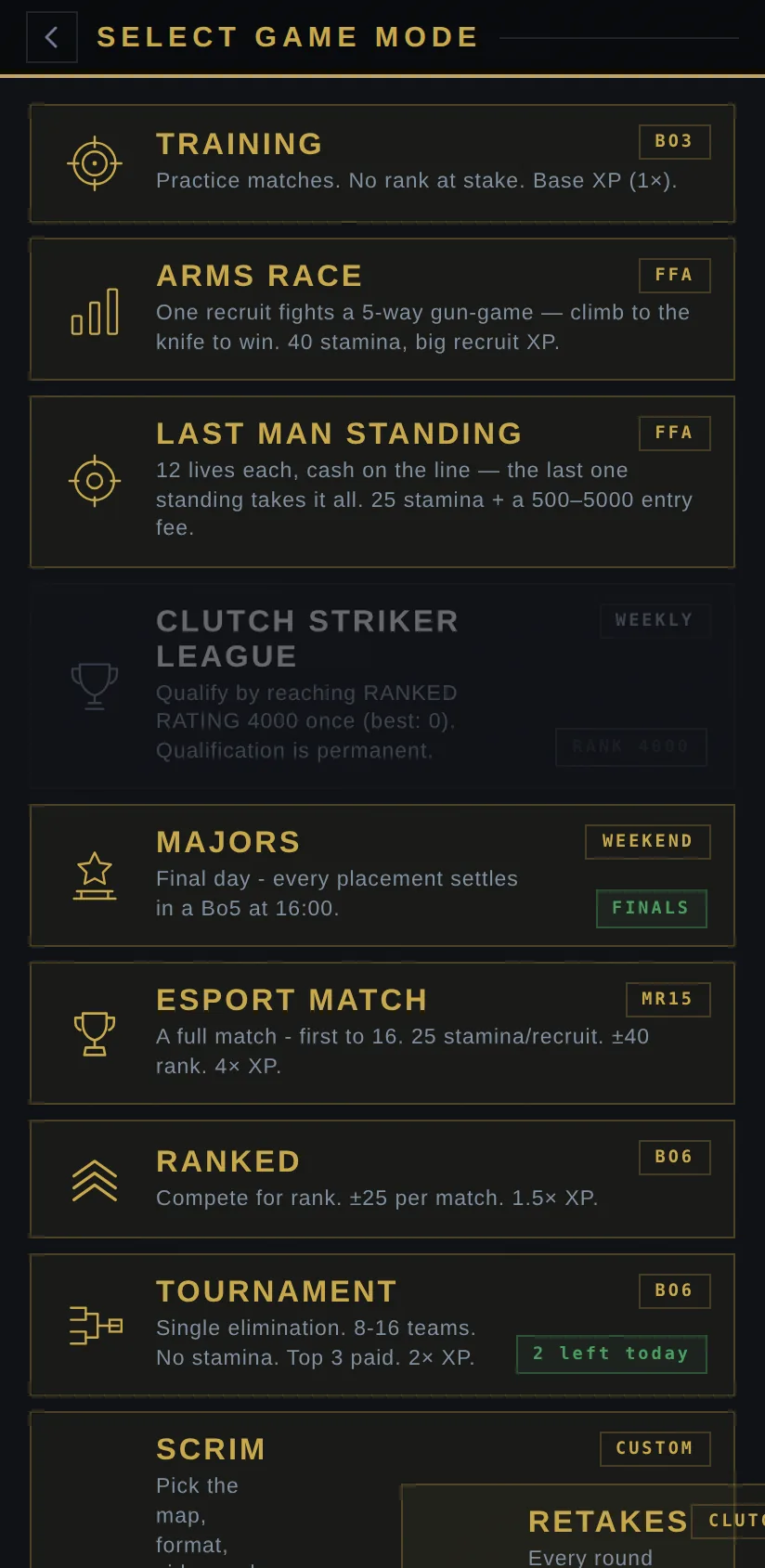 The fight menu: training, arms race, last man standing, esport match, ranked, tournament, scrim and retakes